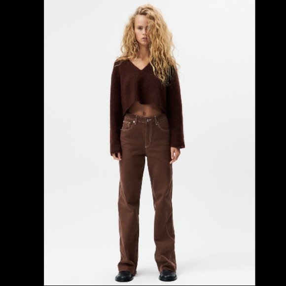 NWT ZARA WIDE LEG FULL LENGTH BROWN WAVY CURVY SIDE JEANS - Picture 2 of 10